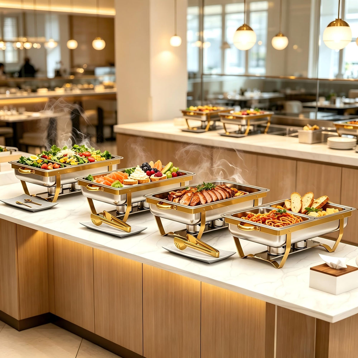 4 Pack Stainless Steel Chafing Dishes for Buffet, 9 QT Capacity 7 Pans Food Warmers for Parties, Weddings, Events Hosting, Family Gatherings, Full Set Catering Server with Serving Utensils Accessories