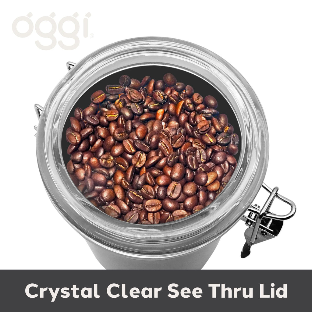 Oggi Stainless Steel Coffee Canister 62 fl oz - Airtight Clamp Lid, Clear See-Thru Top - Ideal for Coffee Bean Storage, Ground Coffee Storage, Kitchen Storage, Pantry Storage. Large Size 5" x 7.5".