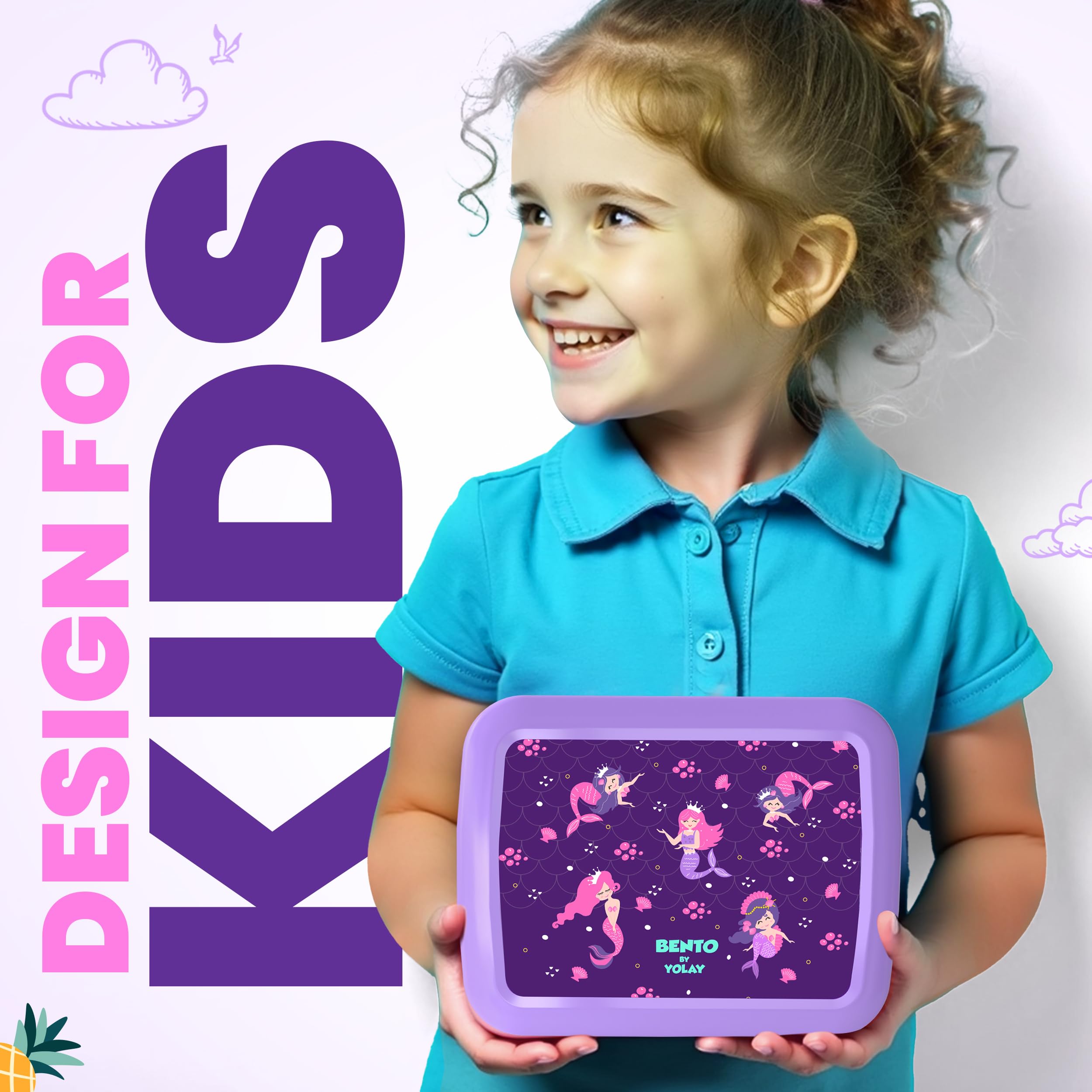 YOLAY Bento Box for Kids, 5-Compartment, Mermaid