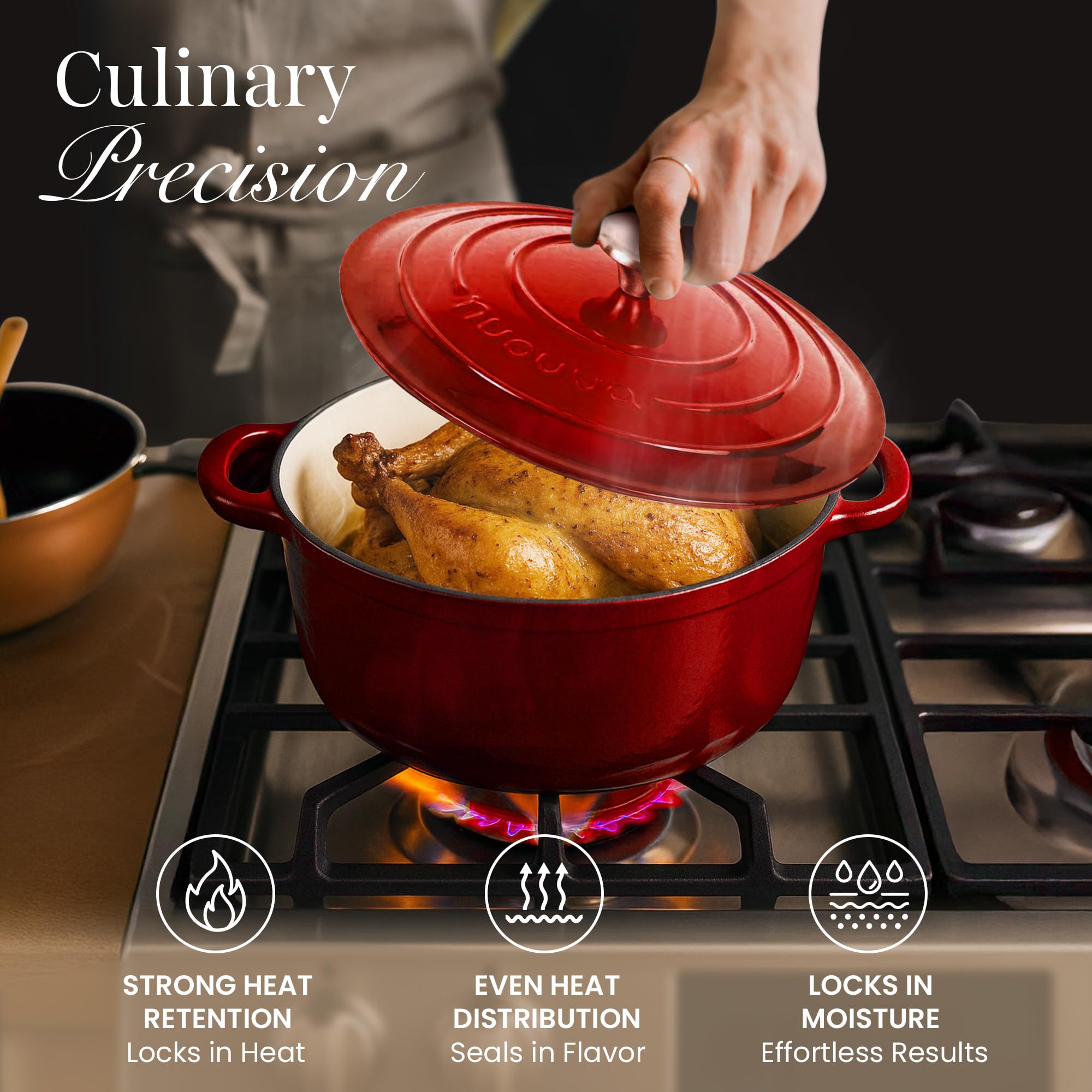 Cast Iron Pot with Lid - Non-Stick Ovenproof Enamelled Casserole Pot, Oven Safe up to 500° F-Sturdy Dutch Oven Cookware-Red, 5-Quart, 24cm-by Nuovva