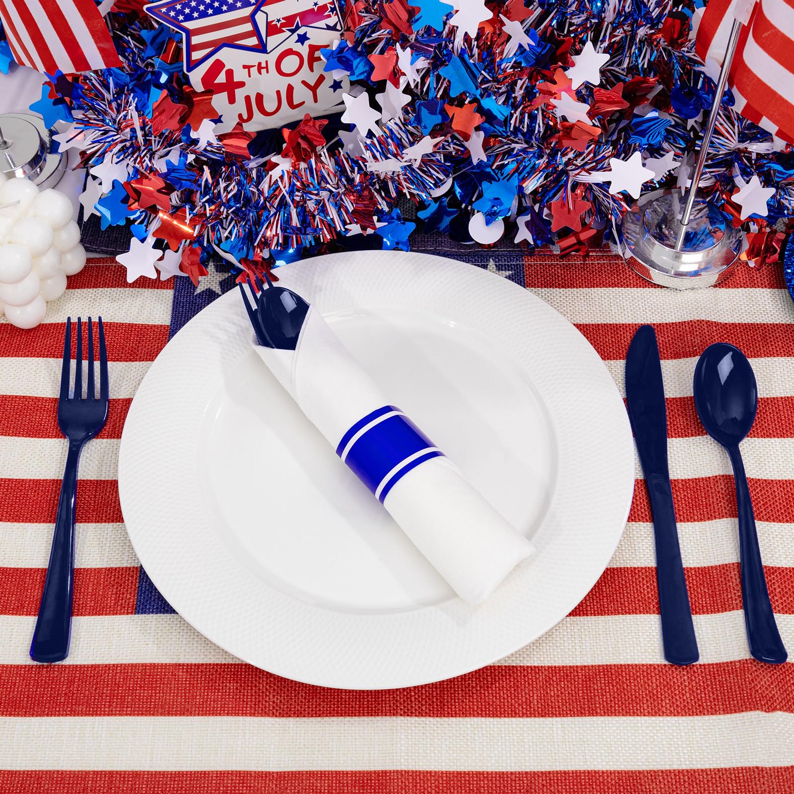 Liacere 100Pack Pre Rolled Blue Silverware and Napkin-Disposable Blue Plastic Utensils-Plastic Cutlery Set with Napkin:100 Forks,100 Knives,100 Spoons,100 Napkins for Wedding&Party&Independence Day