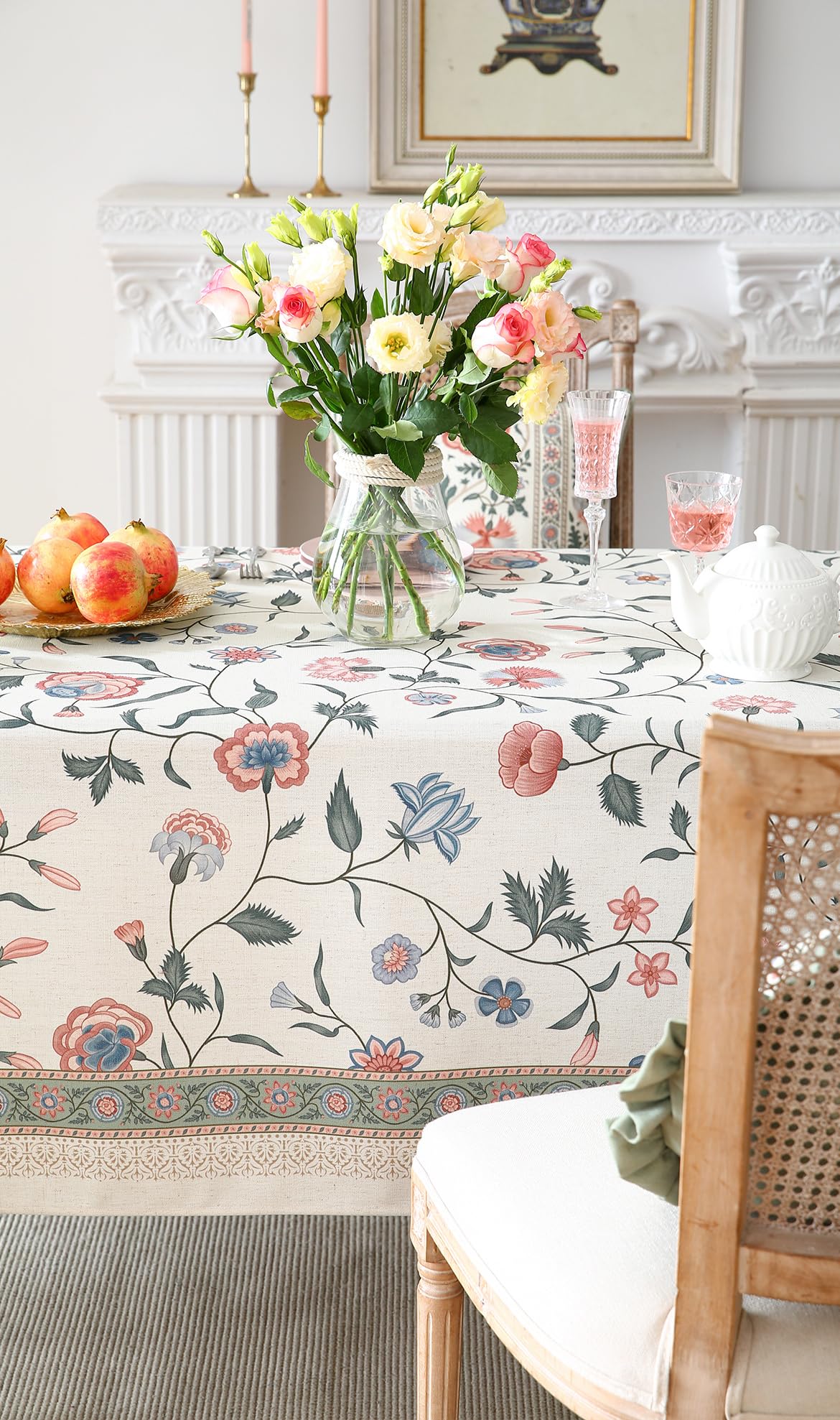 ISAENNE Designer Chinoiserie Linen Floral Long Tablecloth Rectangle,White Wrinkle Resistant Table Cloth,Elegant Decor Tablecloths for Dining Thanksgiving Kitchen Party Christmas,63"*102"-Daffy