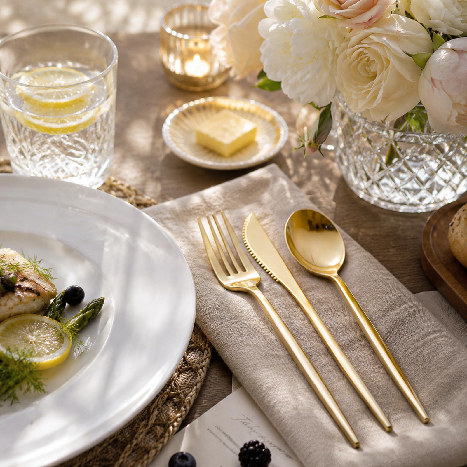 PULOTE 300PCS Gold Plastic Silverware Set Disposable - Heavy Duty Gold Utensils Set - Plastic Cutlery Disposable - Include 100 Knives, 100 Forks, 100 Spoons for Party & Wedding