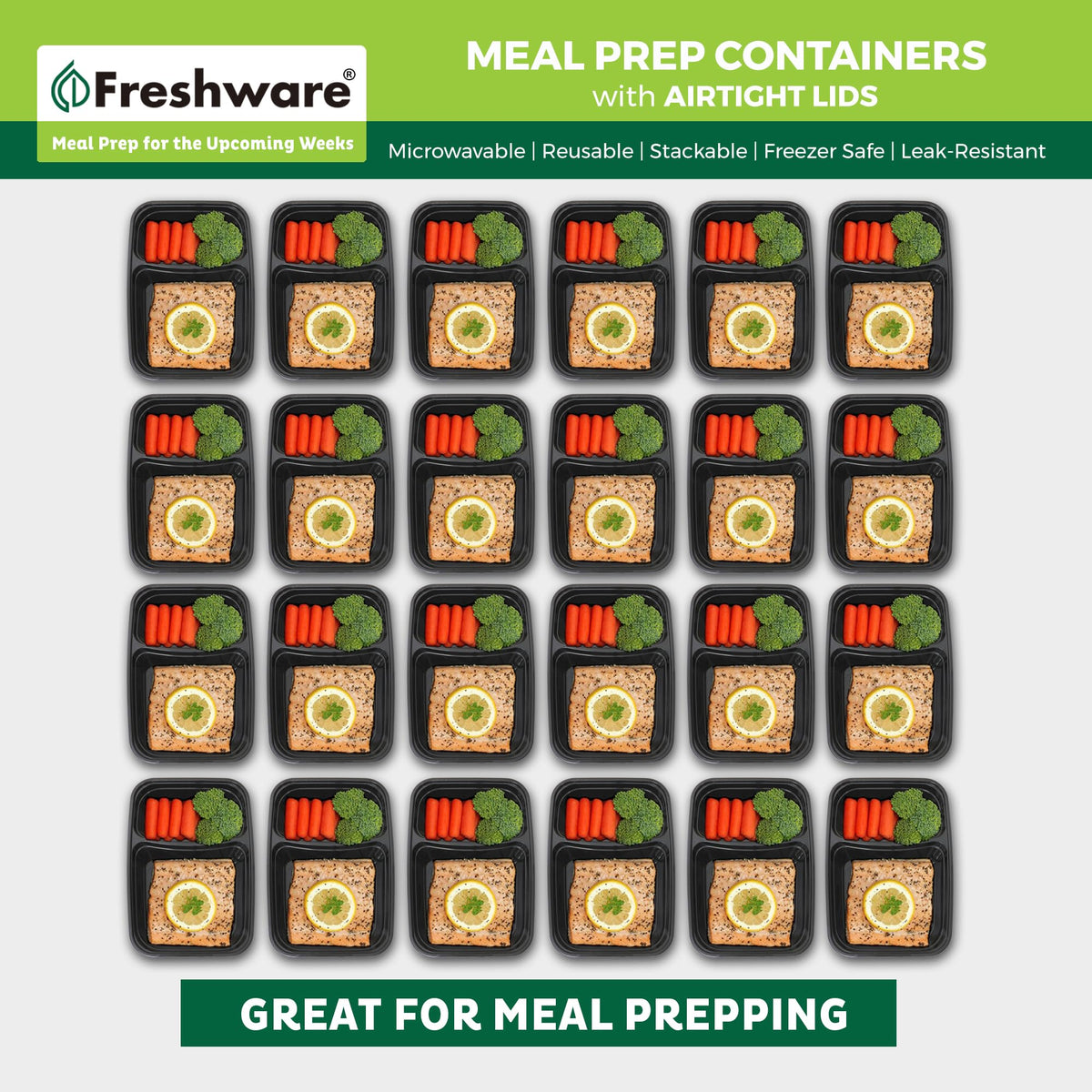 Freshware Meal Prep Containers with Lids 28 oz [50 Pack] 2-Compartment Food Storage Containers, Bento Box Lunch Containers, BPA Free, Airtight, Stackable, Reusable, Microwave/Dishwasher/Freezer Safe