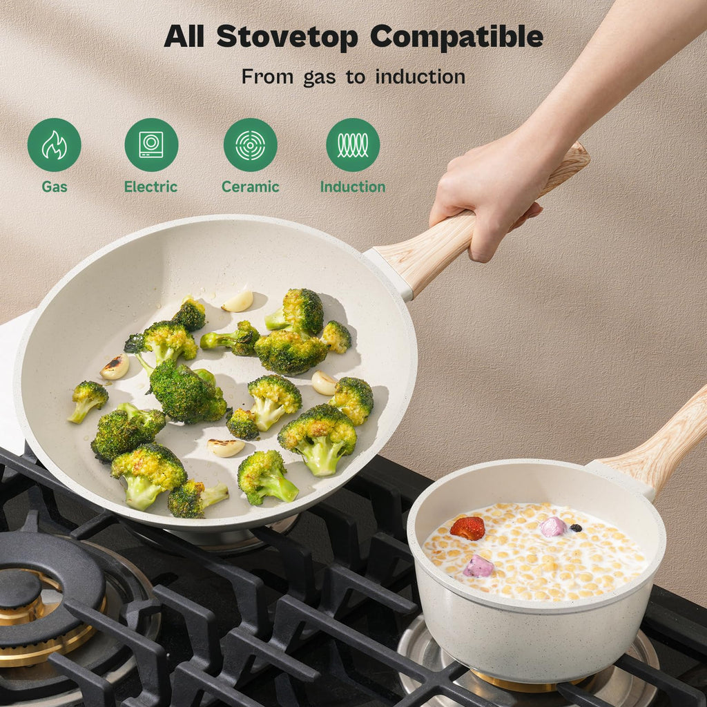 SODAY Pots and Pans Set Non Stick, 13Pcs White Granite Induction Cookware