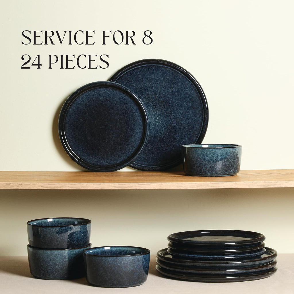 Stone Lain Eden 24-Piece Dinnerware Set Stoneware, Plates and Bowls Set, Dishwasher and Microwave Safe Dish, Dish Set for 8, Dark Blue
