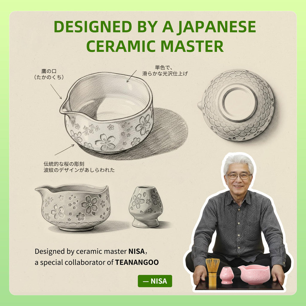 TEANAGOO 7-PCS Pink Matcha Whisk Set with Cherry Blossom Design, Complete Ceremony Kit, Ceramic Chawan Bowl with Spout, Whisk & Accessories, Traditional Matcha Tea Set for Lattes& Gift Giving