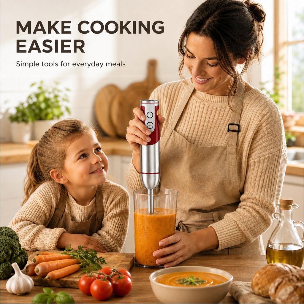 MegaWise 3-in-1 Hand Blender Set with Variable Speed Control, 400W Immersion Blender - Includes Whisk, Milk Frother, Chopper, and Beaker for Smoothies, Soups, and Baby Food (RED)