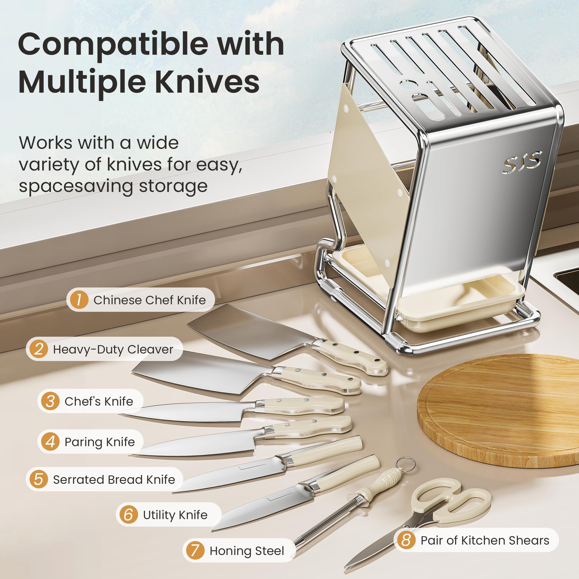 Knife Block Holder without Knives, Universal Kitchen Storage Stand, Safe Space Saver Large Volume Stable Knife Storage With a drip tray at the base Detachable for Easy Cleaning - White