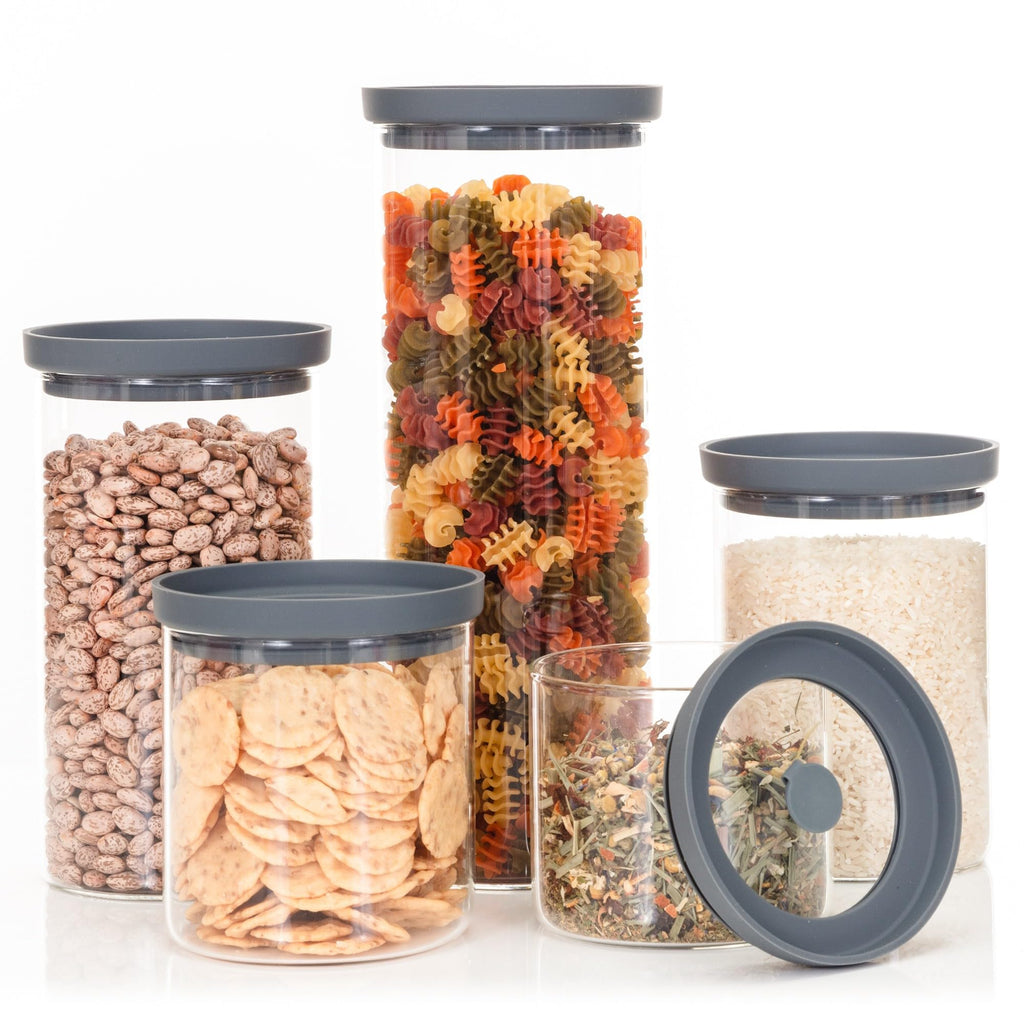 The Hazel Pantry Glass Kitchen Storage Containers with Airtight Silicone Lids, BPA-Free Pantry Glass Jars with Airtight Lid for Pantry Meal Prep, Pasta and Food – Set of 5 with Portion Tool