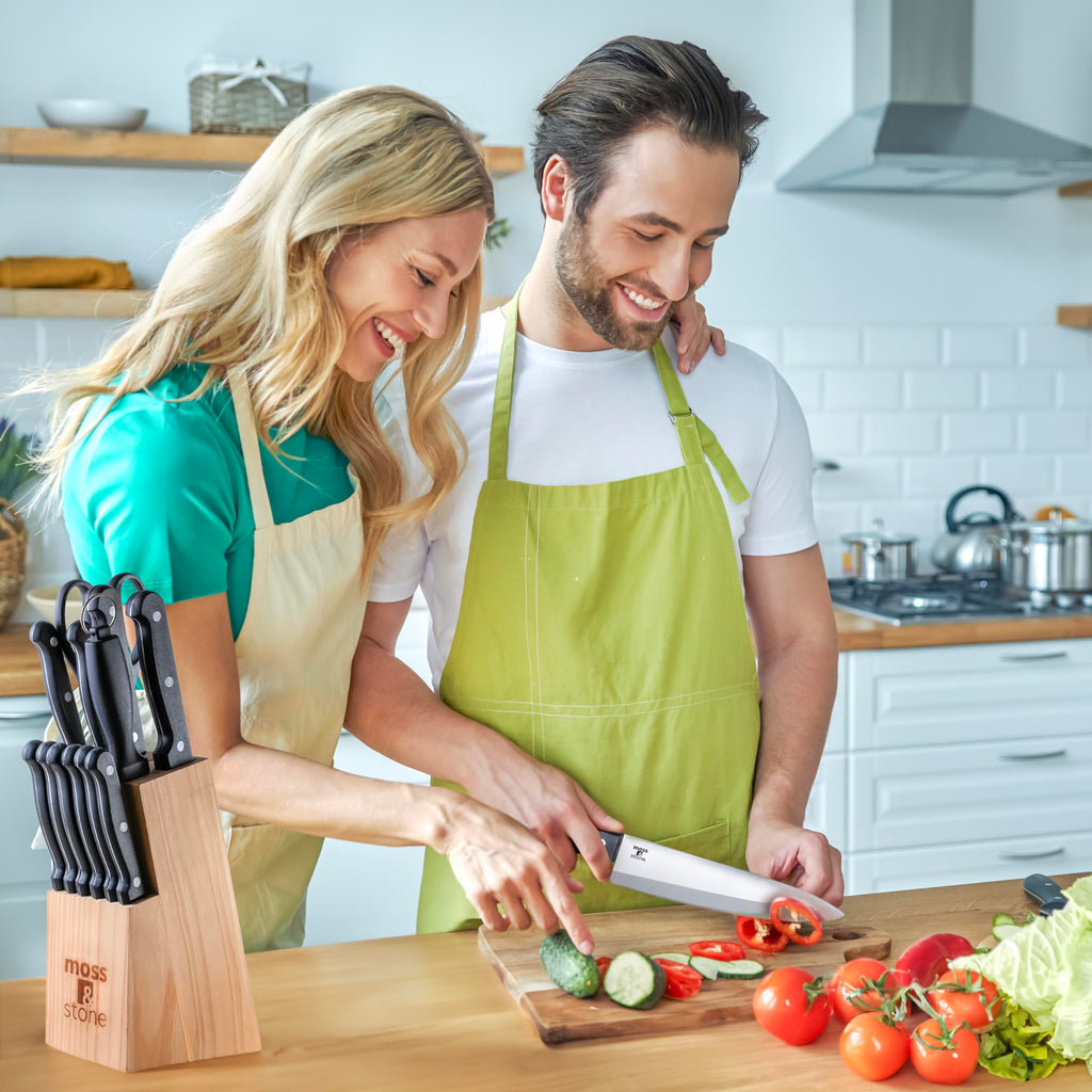 Moss & Stone 14 Pcs Kitchen Knife Set with Block, Stainless Steel