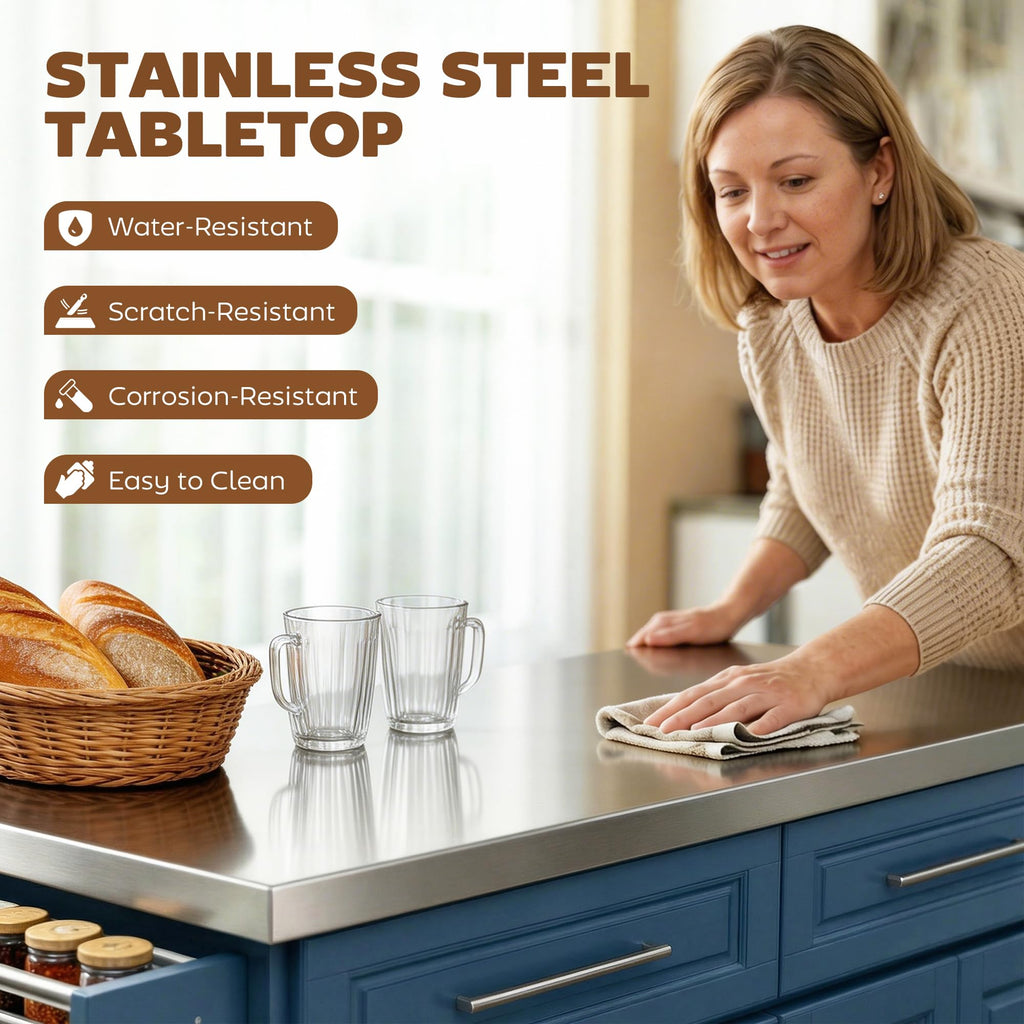 HOMCOM Rolling Kitchen Island Cart with 47" Stainless Steel Top Navy Blue