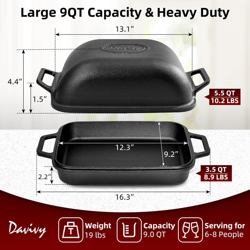 Davivy 9QT Large Dutch Oven for Sourdough Bread with Silicone Baking Mat, 12.3" x 9.2", Non-stick Cast Iron Sourdough Loaf Pan, Cast Iron Sourdough Baking Pan Large Capacity, Matte Black