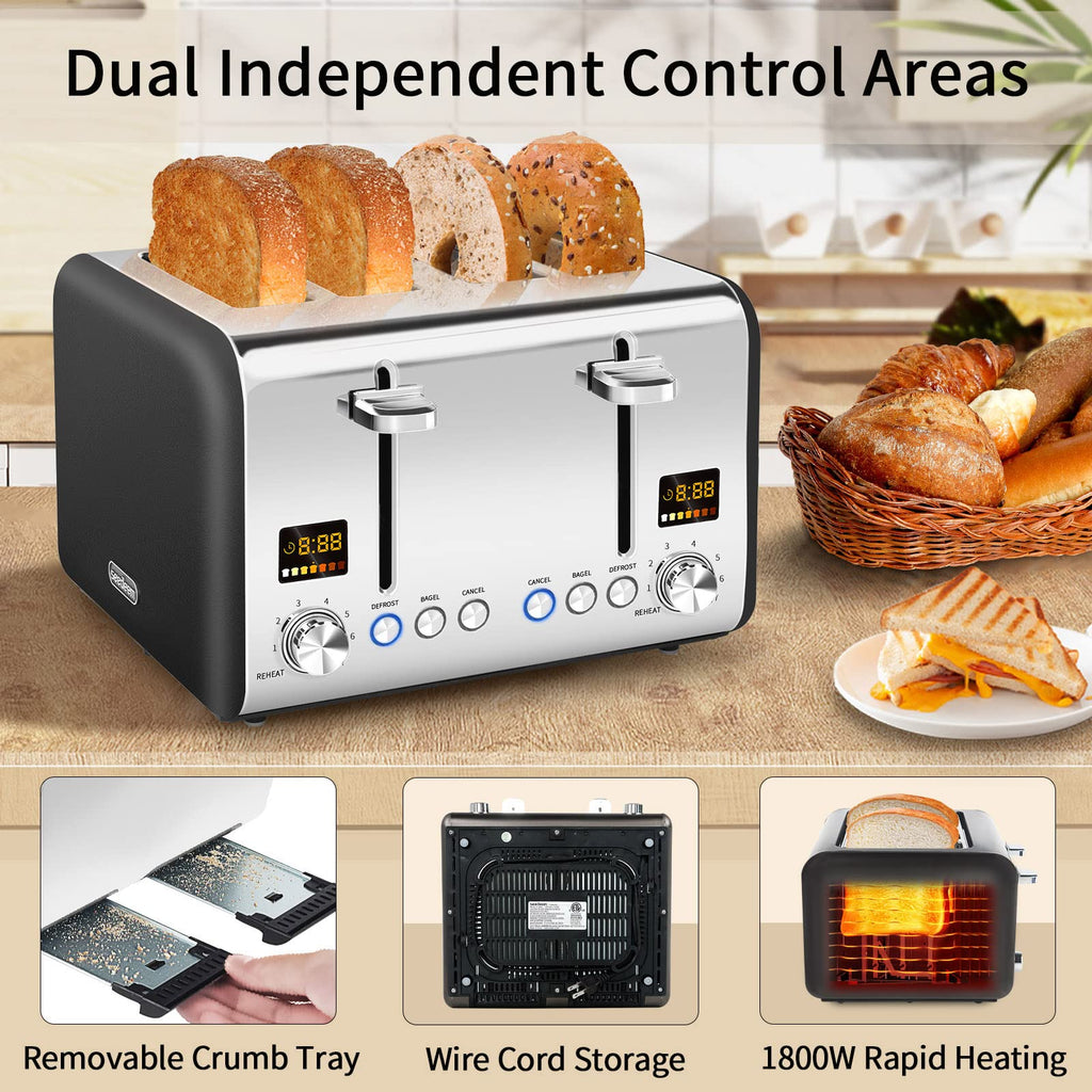 SEEDEEM 4 Slice Stainless Steel Toaster, LCD Display, Wide Slots