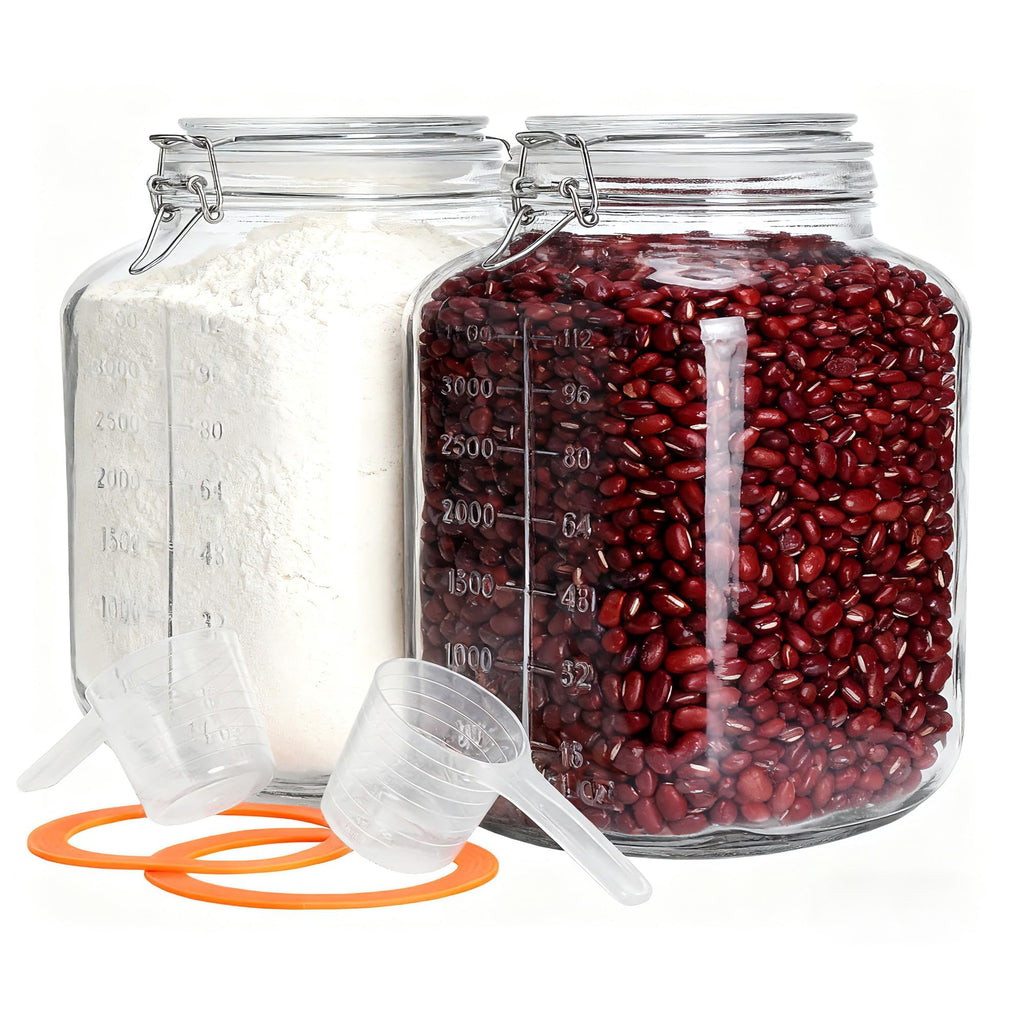 PUSCRIENO 2 Pack 1.1 Gallon Square Super Wide Mouth, Airtight Glass Storage Jars, with Measurement Marks, Leak-Proof Lids for Kitchen Pantry, Canning, Dry Food (Flour, Sugar) & Drinks