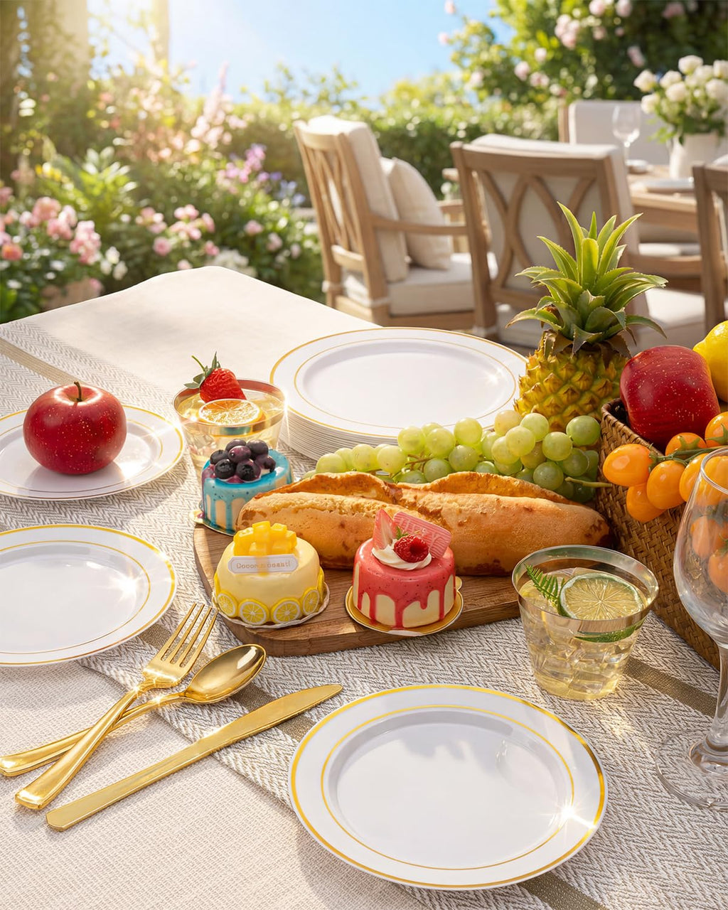 bUCLA 150PCS Gold Plastic Dinnerware Set Disposable - Heavy Duty Gold Plates Include 25 Dinner & 25 Dessert Plates,25 Forks,25 Knives,25 Spoons&25 Cups for Party&Wedding