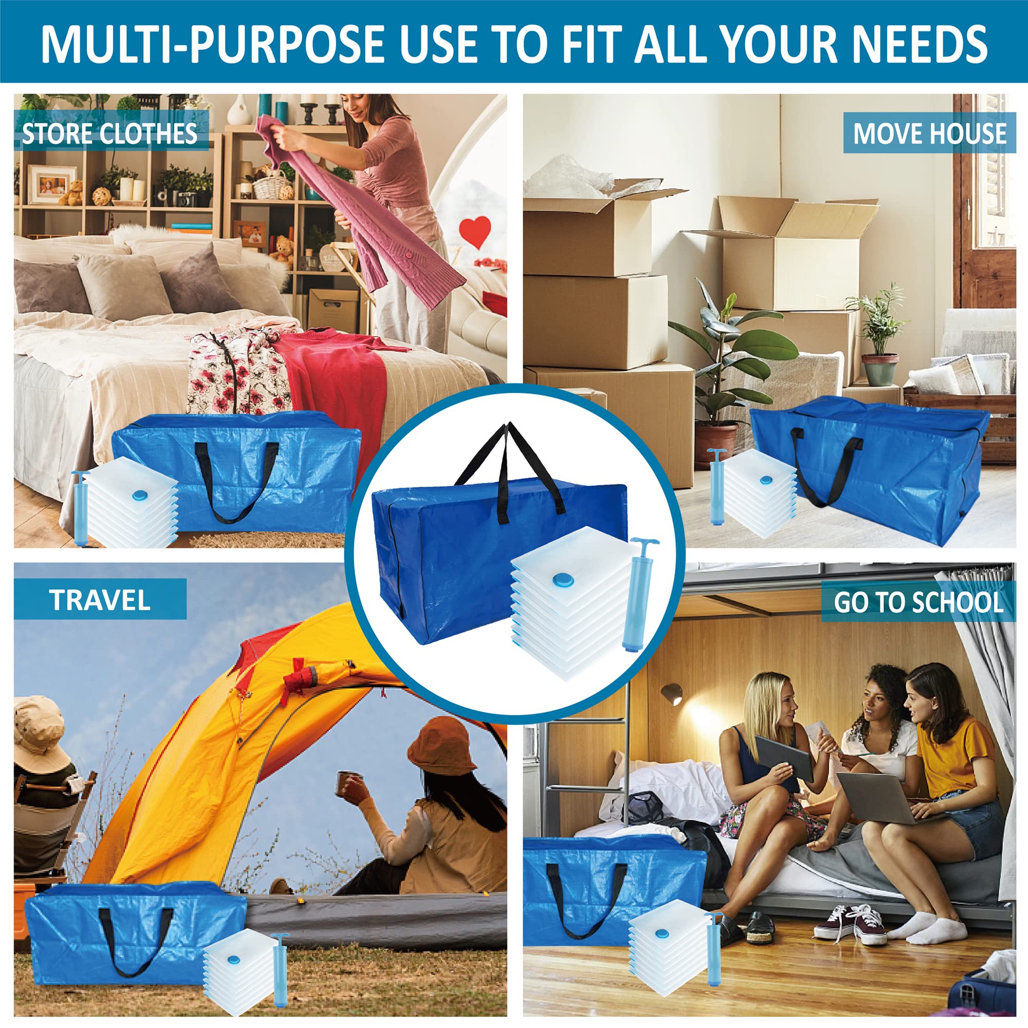 16 Pack Heavy Duty Extra Large Moving Bags with Backpack Straps & Large Vacuum Storage Bags Moving Supply Combo, Moving Totes with Handles & Zippers for Space Saving, Fold Flat, Includes Vacuum Bags