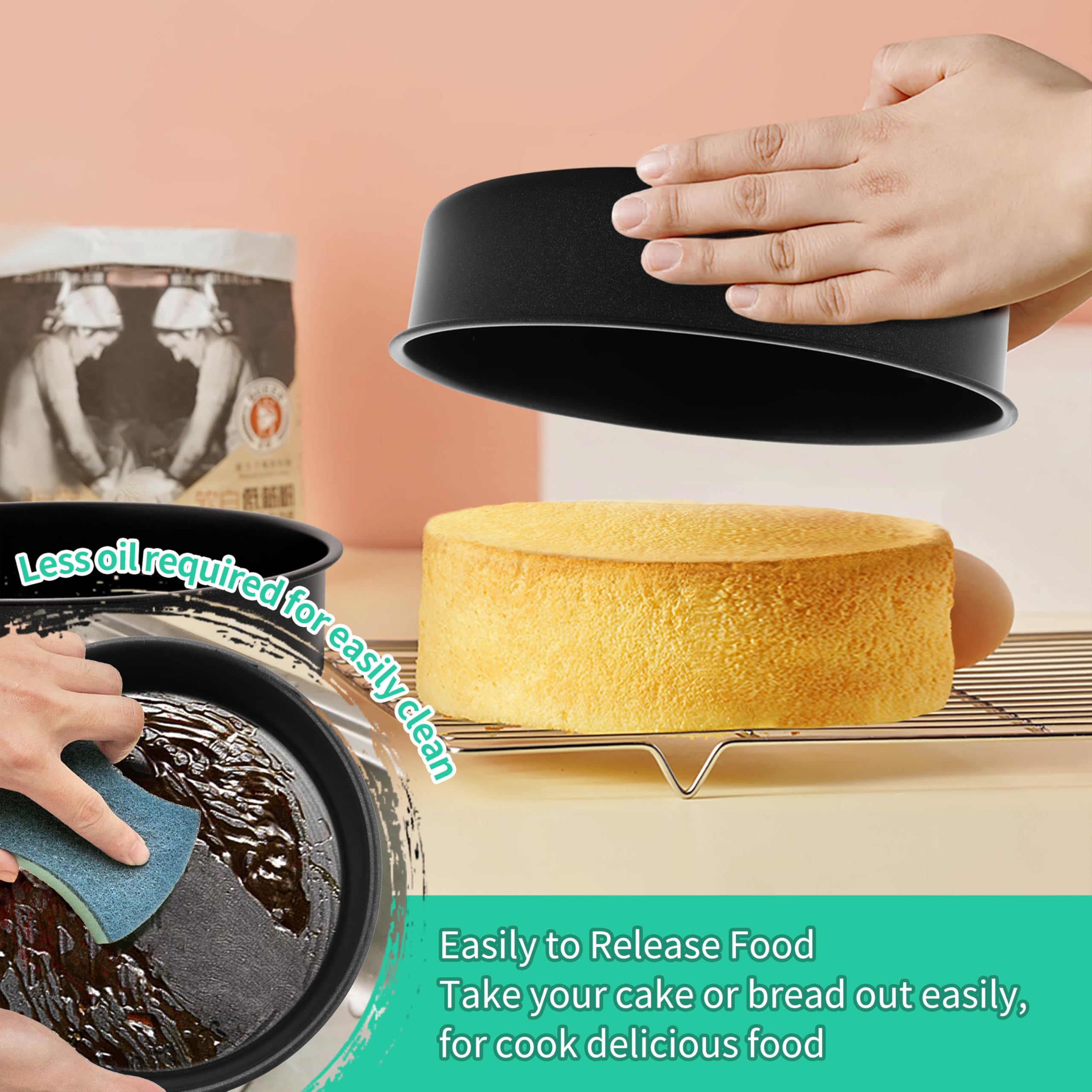 P&P CHEF 9.5 Inch Cake Pan Set, Non-stick Baking Pans for Cake, 4Pcs