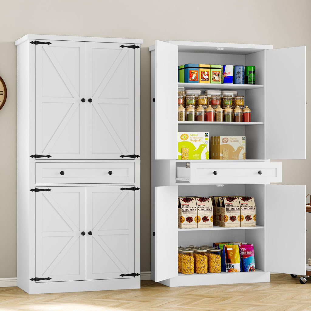 BORNOON Pantry Organizers and Storage Cabinet, 67.7” Barn Door White Kitchen Cabinet with Drawers and Adjustable Shelf, Tall Pantry for Kitchen, Dining Room, Living Room