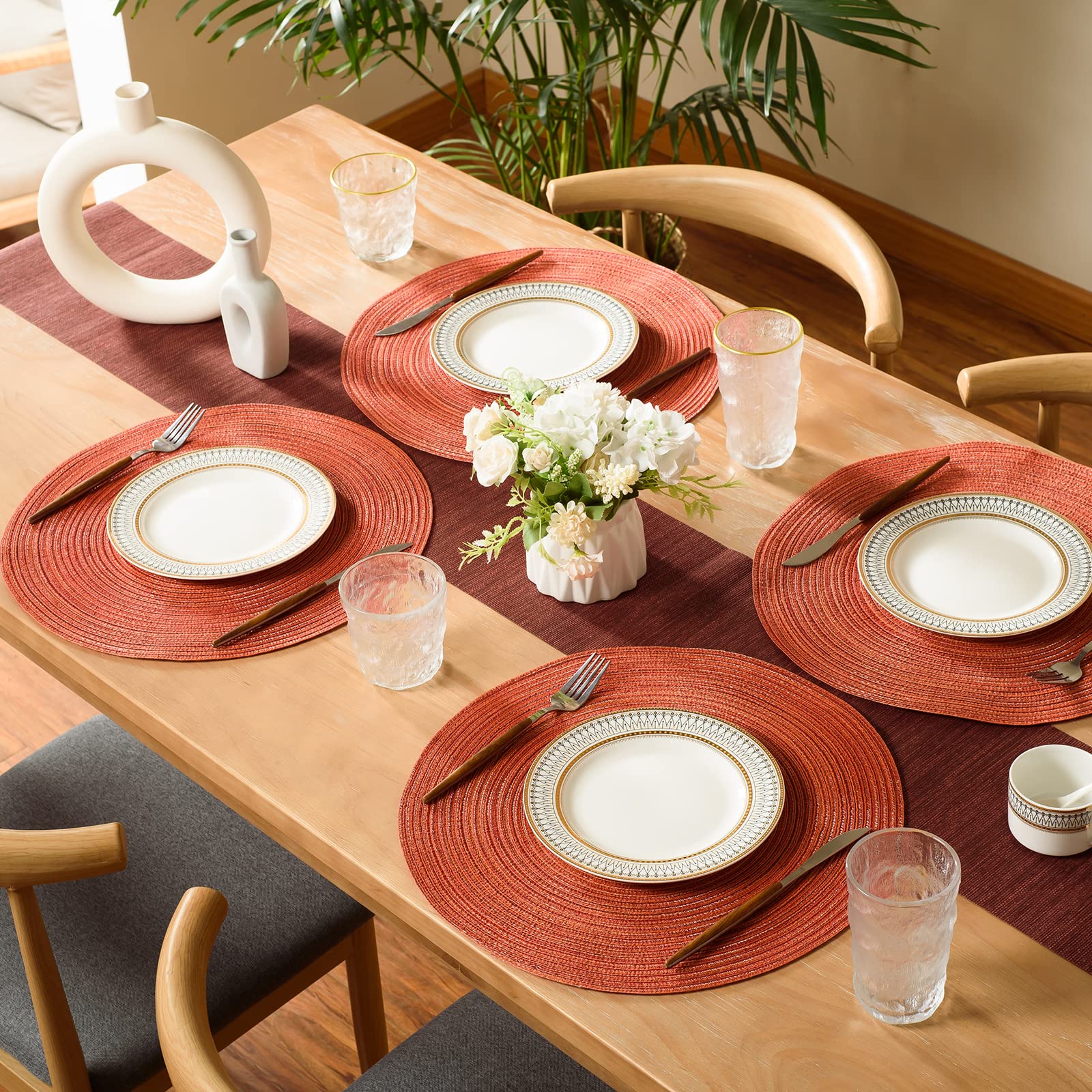 FunWheat Round Braided Placemats Set of 6 Place mats for Dining Tables Woven Heat Resistant Table Mats 15 inch for Fall(Orange)