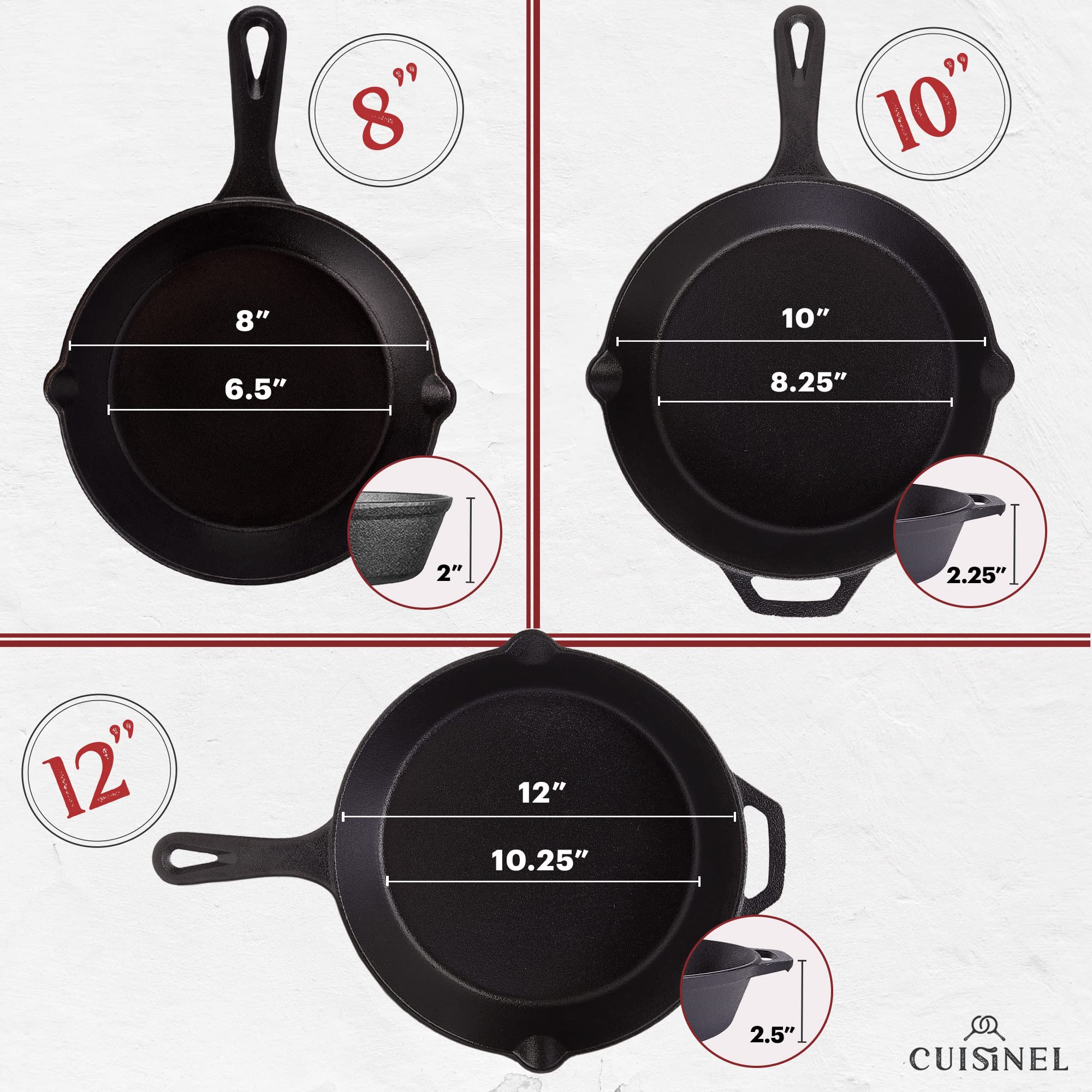 Cuisinel Cast Iron Skillet Set - 8" + 10" + 12"-Inch Pre-Seasoned Frying Pans + Silicone Handle Grip Covers - Indoor/Outdoor, Oven, Grill, Stove, BBQ, Fire, Induction Safe Kitchen and Camping Cookware
