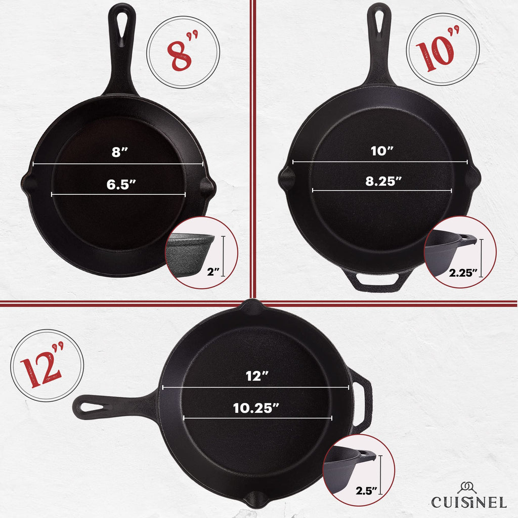 Cuisinel Cast Iron Skillet Set - 8" + 10" + 12"-Inch Pre-Seasoned Frying Pans + Silicone Handle Grip Covers - Indoor/Outdoor, Oven, Grill, Stove, BBQ, Fire, Induction Safe Kitchen and Camping Cookware
