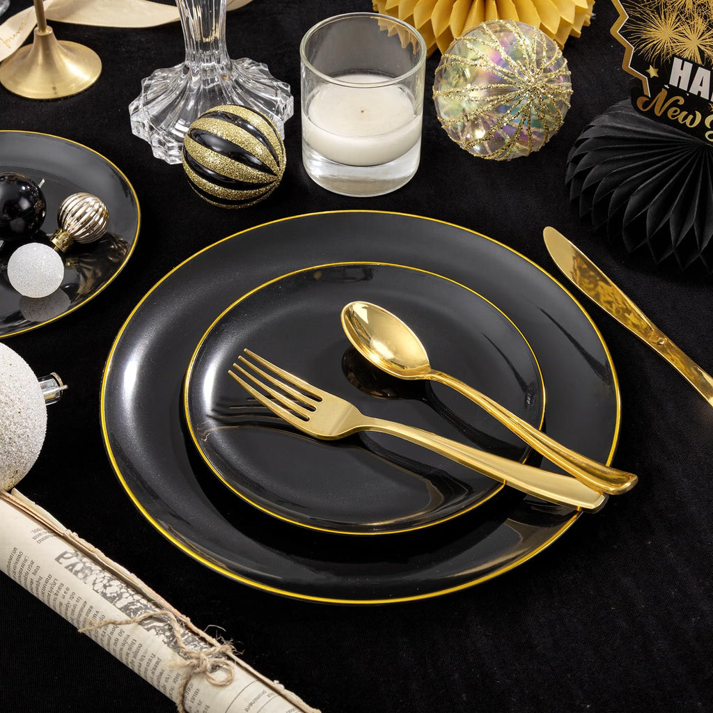 KIRE 60PCS Black Plastic Plates - Black Disposable Plates with Gold Rim - Include 30Pcs 10.25inch for Dinner and 30Pcs 7.5inch for Dessert for Wedding/Graduation/Party