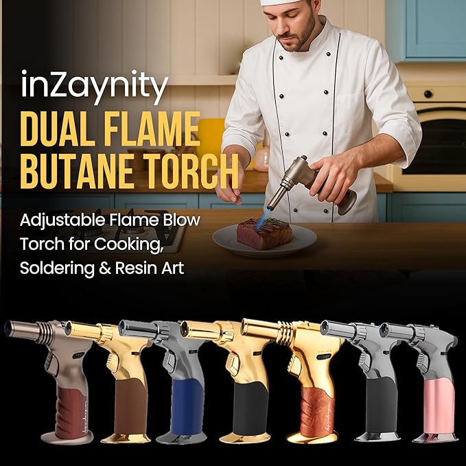 Dual Flame Butane Torch - Refillable Handheld Blow Torch for Cooking, Soldering, & Resin Art w/Adjustable Flame & Ignition Lock - Kitchen Blow Torch & Luxurious Gift Box by inZaynity - Brown Steel