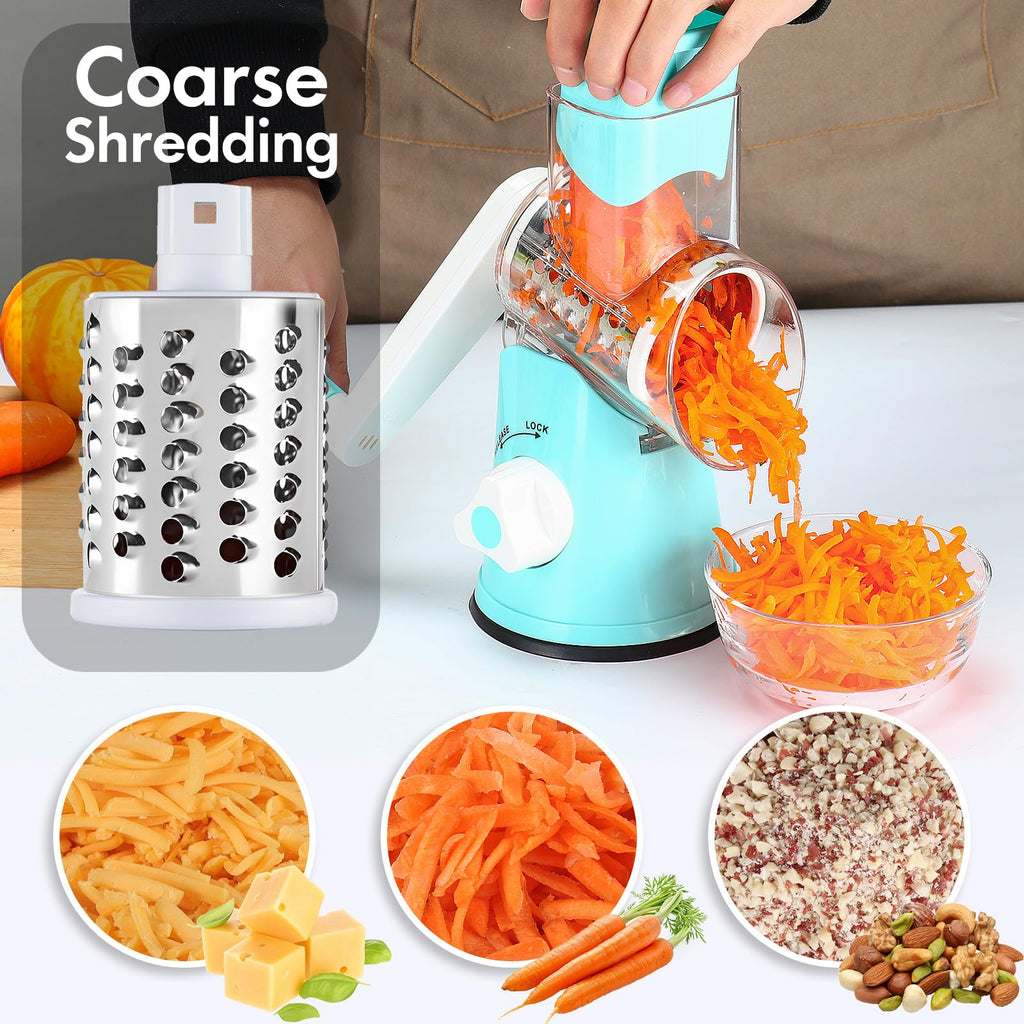 Ancevsk Cheese Grater Hand Crank, Rotary Vegetable Shredder with Handle and Strong Suction base, 3 in 1 Kitchen Speed Spin Veggie Slicer Nut Grinder for Pizza Top, Hash brown, Salad and More (Blue)