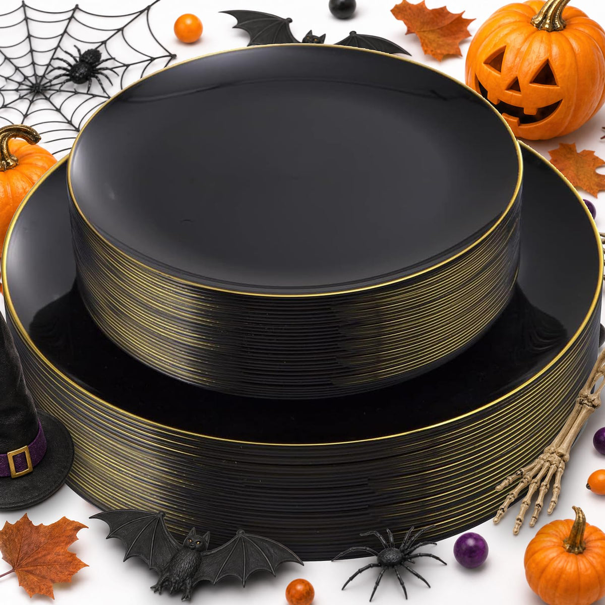 KIRE 60PCS Black Plastic Plates - Black Disposable Plates with Gold Rim - Include 30Pcs 10.25inch for Dinner and 30Pcs 7.5inch for Dessert for Wedding/Graduation/Party/Halloween