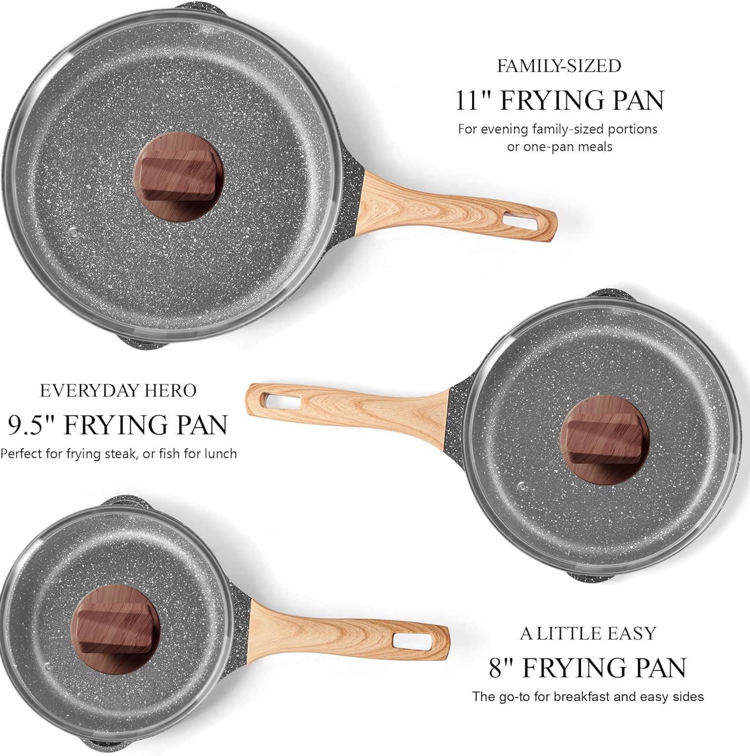 YIIFEEO Non Stick Frying Pan Set with Lids, Granite Skillet Set, Egg Omelette Pans for Cooking Pan Set, No Toxic Kitchen Cookware Set Compatible with All Stovetops (Gas & Induction), PFOA Free, Gift