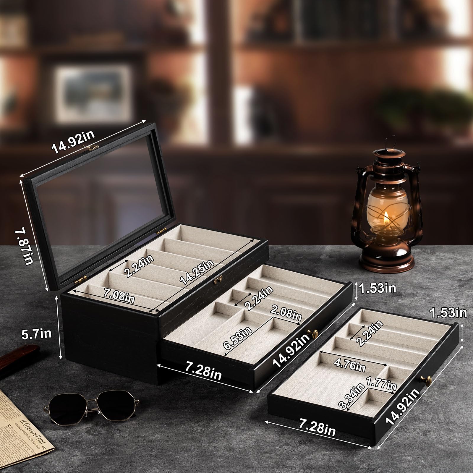 Yoimori Knife Display Case, 3-Layer Pocket Knife Case Display & Storage Knives, Solid Wood Knife Case for Collections, Gift for Boyfriend Fathers Day Birthday Gifts(Black)