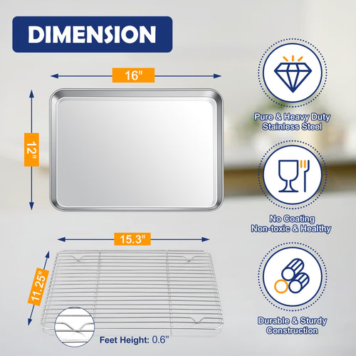 16 Inch Baking Sheet Pan with Rack Set, Joyfair Stainless Steel Toaster Oven Pans Tray & Cooling Racks for Cookie/Jelly Roll/Bacon/Meat, Commercial Metal & Rust-free, Dishwasher Safe