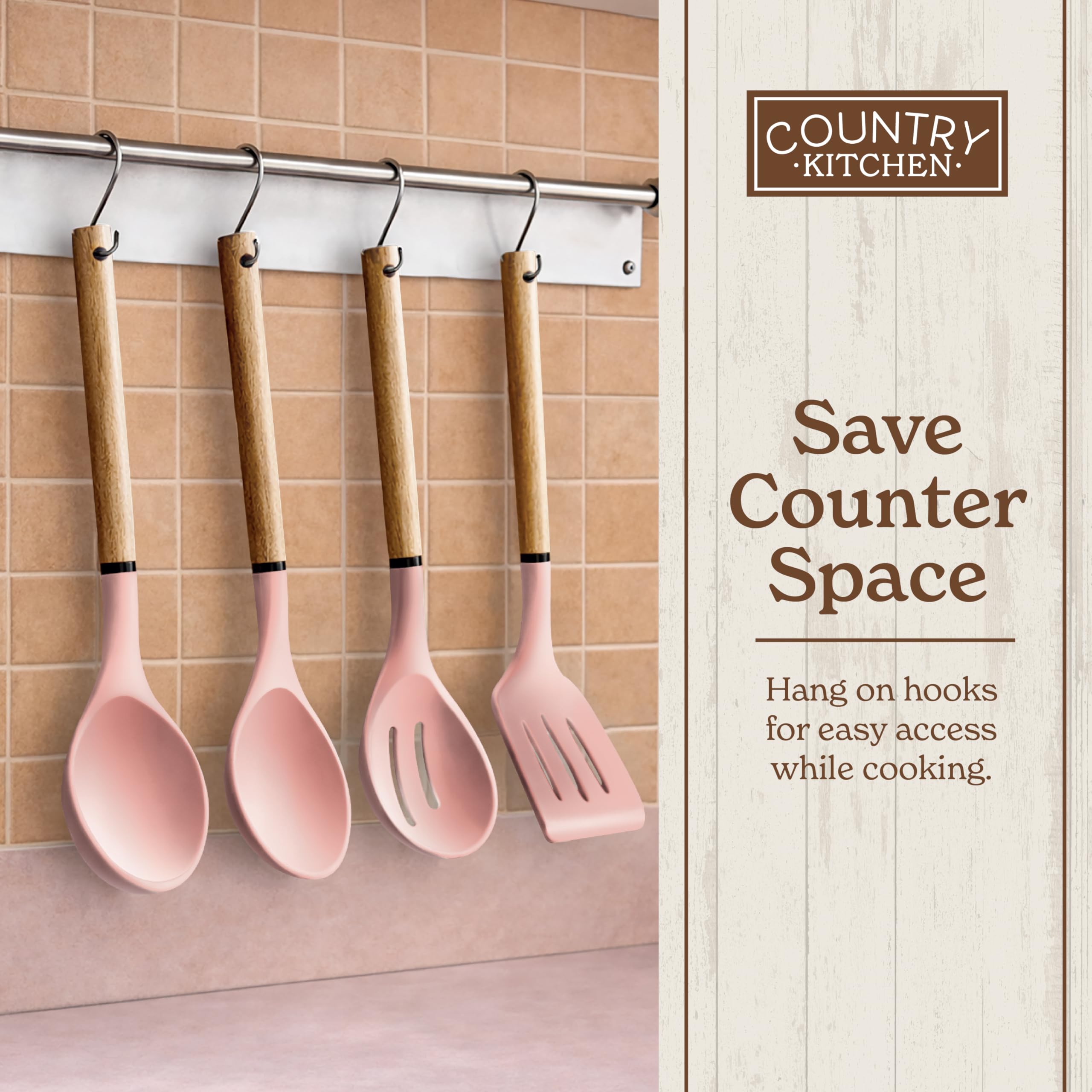 Country Kitchen Non Stick Silicone Utensil Set with Rounded Wood Handles for Cooking and Baking, 8 Piece Set, Pink