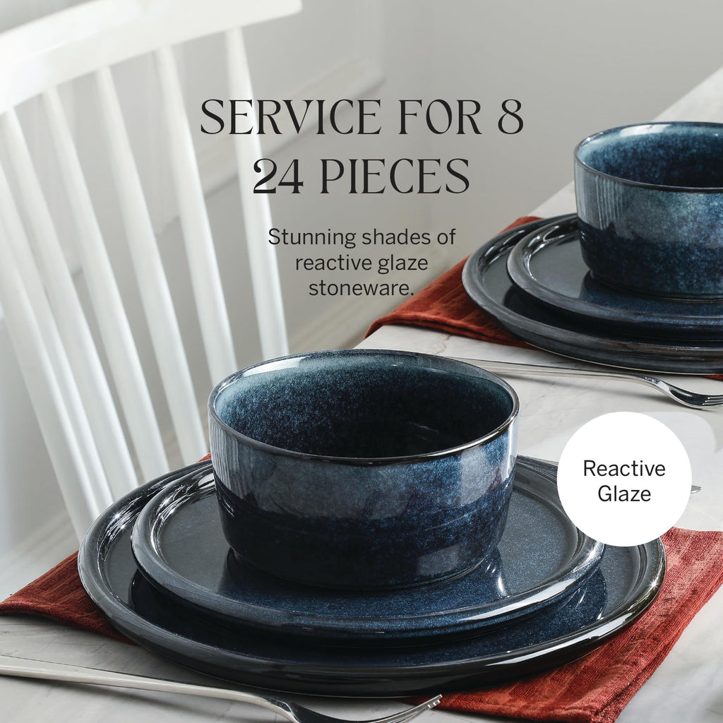 Stone Lain Eden 24-Piece Dinnerware Set Stoneware, Plates and Bowls Set, Dishwasher and Microwave Safe Dish, Dish Set for 8, Dark Blue