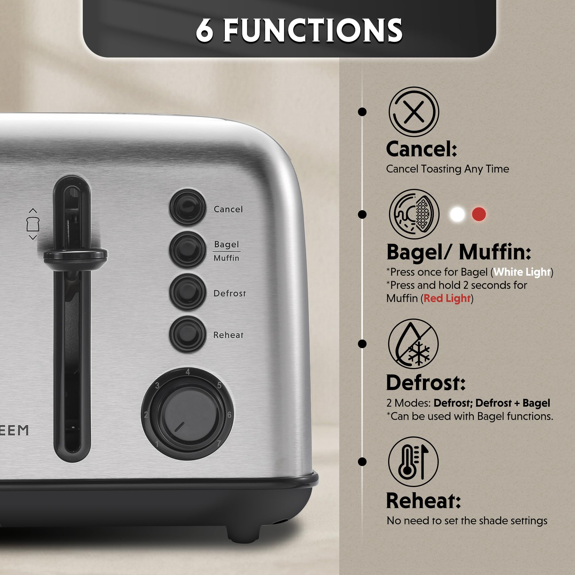 BUYDEEM DT640 4-Slice Toaster, 7 Shade Settings, Extra Wide 1.5’’ Slots for Bagel & English Muffin, 6 Toasting Functions, Retro Stainless Steel Toaster with High Lift Lever, 1800W, Retro Silver