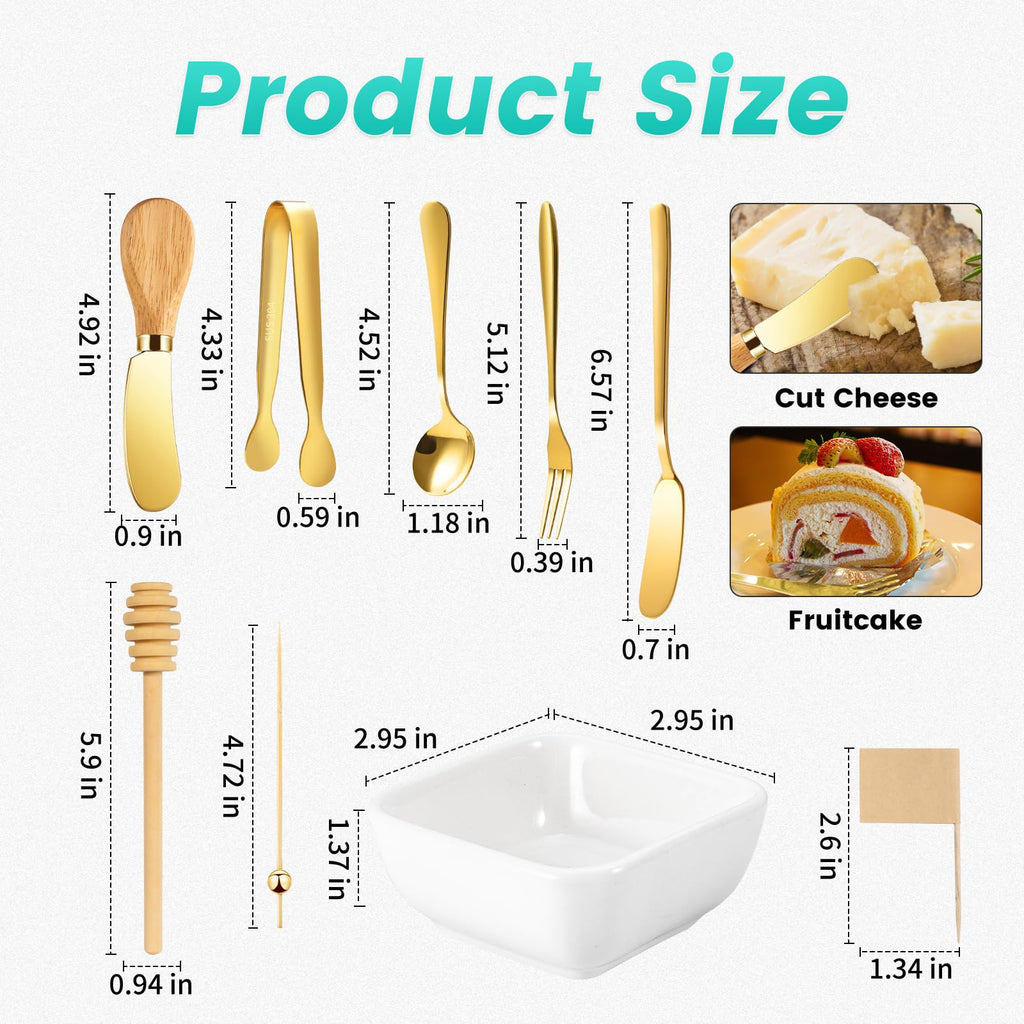 Charcuterie Board Accessories With 3 Oz Ceramic Dip Bowls, Wooden Handle Gold Cheese Spreader Butter Knive Set Kit, Mini Tongs, Spoons, Forks,Honey Dipper, Cocktail Picks
