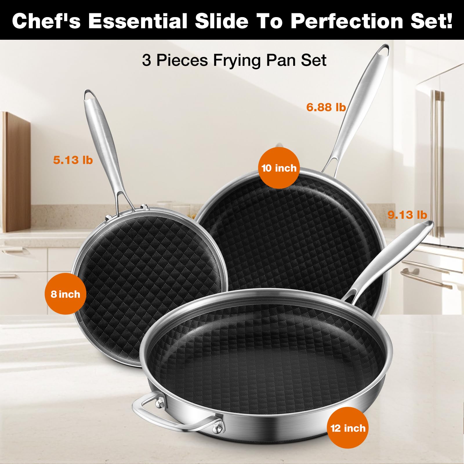MOUTIUS 8-10 Inch Non Stick Frying Pans, Ceramic Coating NonStick Stainless Steel Pan Set, Tri-Ply Skillets and Pan Set with Lid, Cool-Touch Handle, Dishwasher and Oven Safe