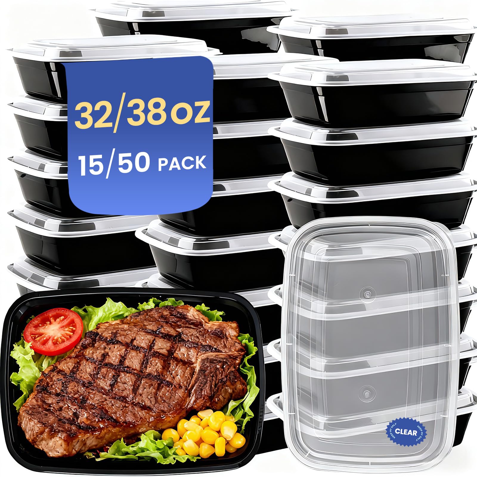 Eco Maicoco 38 oz Meal Prep Containers 15 Pack, BPA Free Disposable Food Leftover Storage Containers with Lids Reusable Stackable, Microwave/Dishwasher/Freezer Safe To Go Food Containers