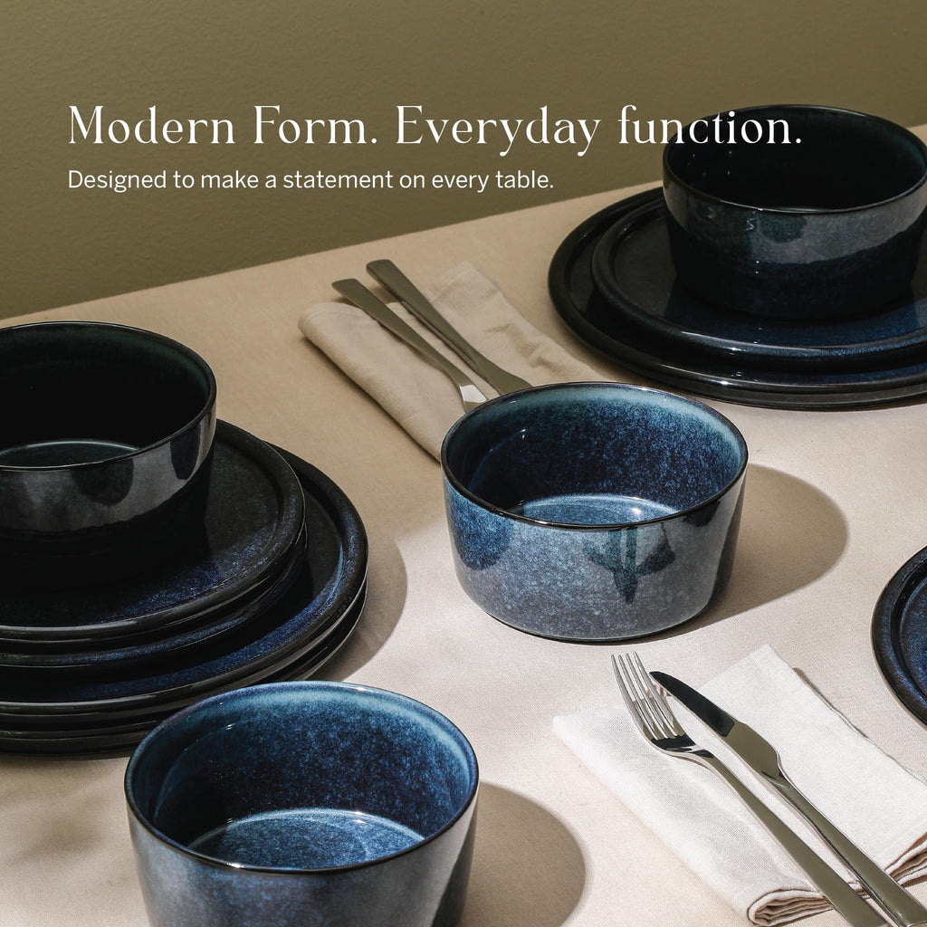 Stone Lain Eden 24-Piece Dinnerware Set Stoneware, Plates and Bowls Set, Dishwasher and Microwave Safe Dish, Dish Set for 8, Dark Blue