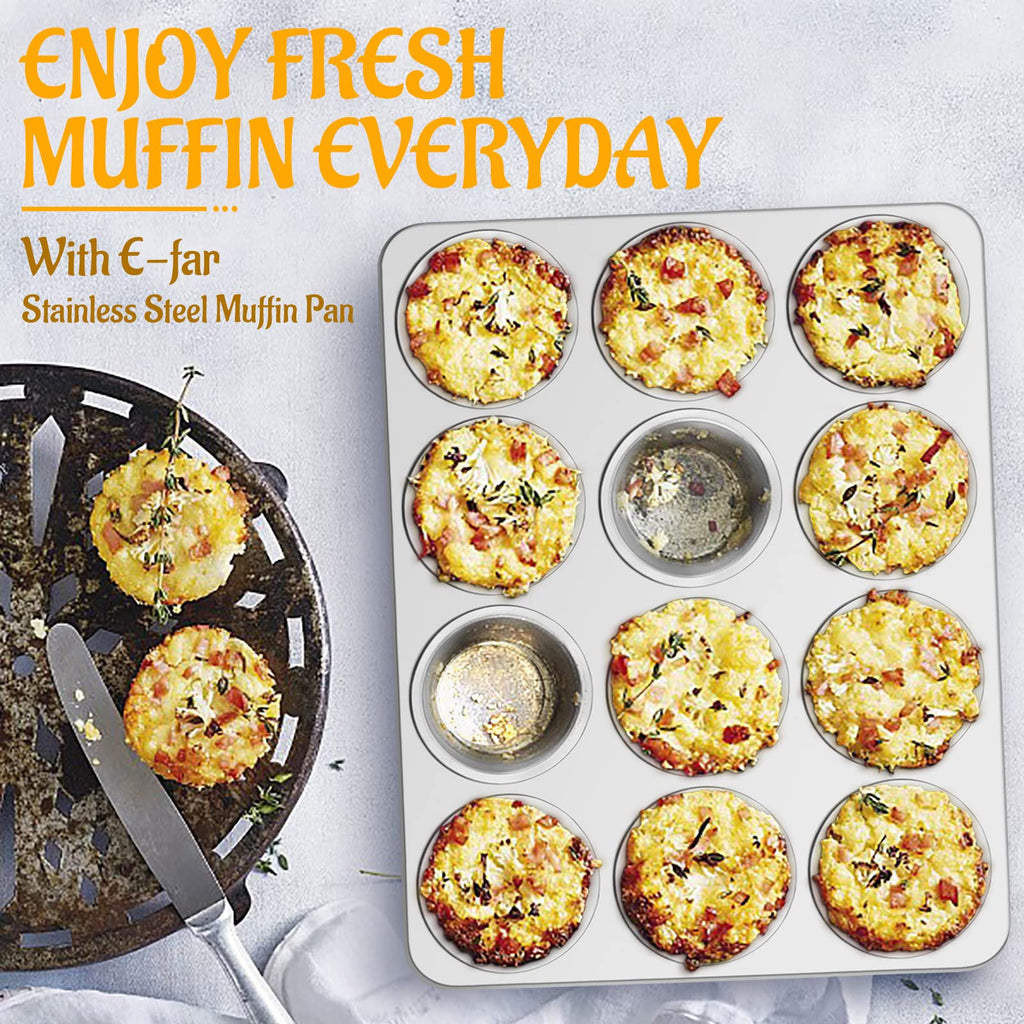 E-far Muffin Pan 12-Cup, Stainless Steel Cupcake Pan for Oven