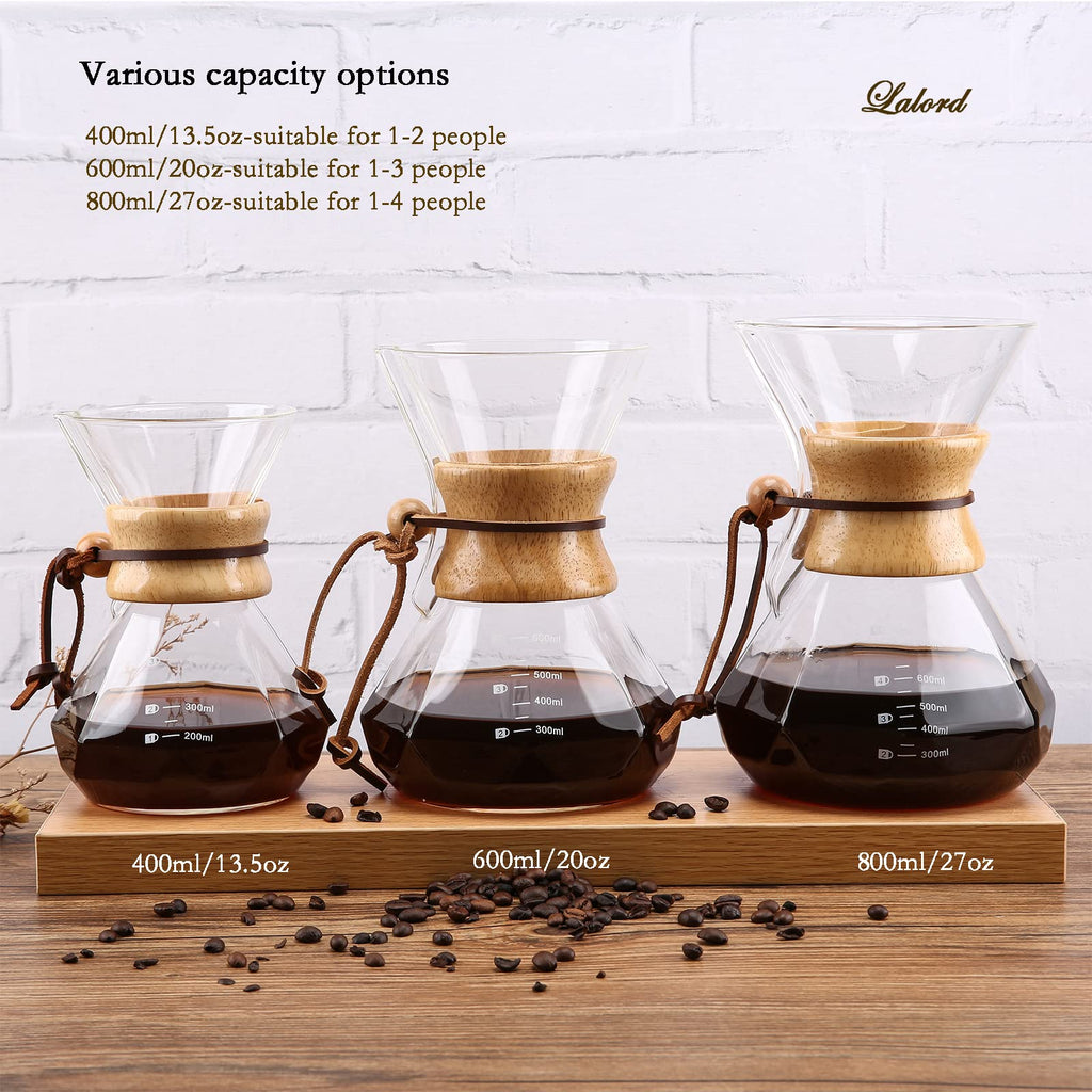 Lalord Pour Over Coffee Maker, 400ml/13.5oz Borosilicate Glass Carafe with Stainless Steel Filter & Modern Wooden Collar, 2 Cups Capacity, Clear