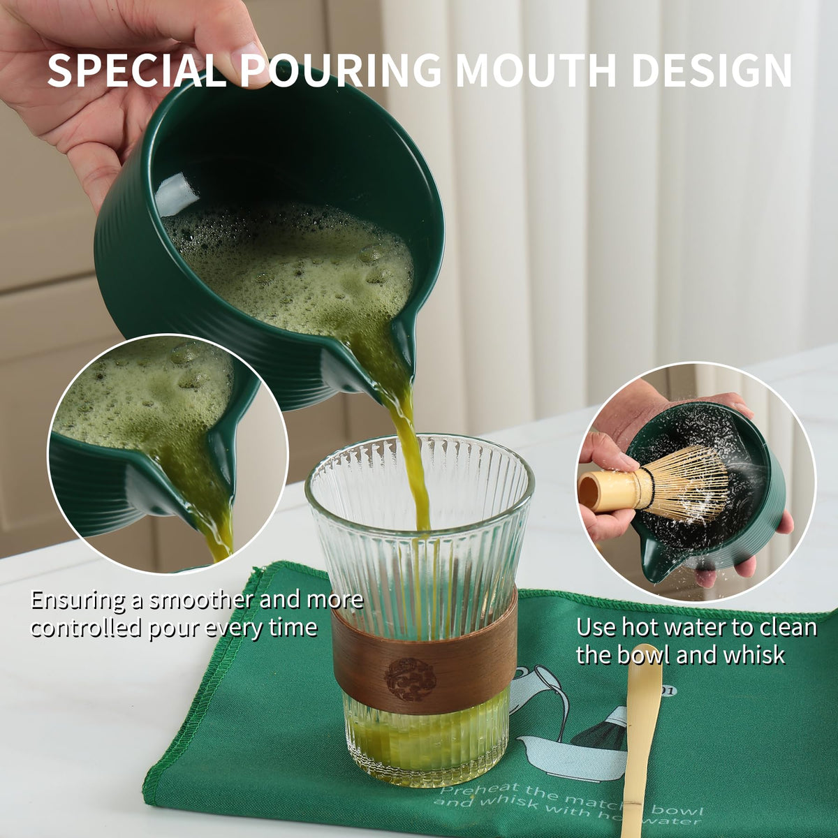 Dark Green Matcha Set,Matcha Whisk Set with Holder, Stainless Sifter & Scoop, Tea Towel,Traditional matcha making set,green tea ceremony,7Pcs