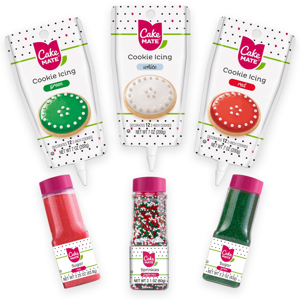Cake Mate Christmas Cookie Decorating Kit – Red & Green Decorating Sugar (2.25 oz), White, Red & Green Cookie Icing Pouches (7 oz), Jingle Mix Non Pareil (2.1 oz) – Holiday, Cake, Cupcake & Dessert