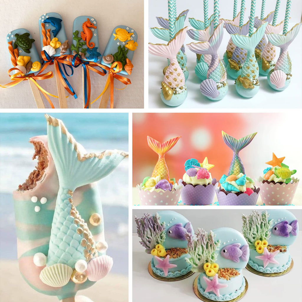 Sakolla 4 Pcs Marine Theme Silicone Fondant Molds, Mermaid Tail Seashell Conch Starfish Shape Silicone Molds for Cake Decoration, Chocolate, clay, Crafting