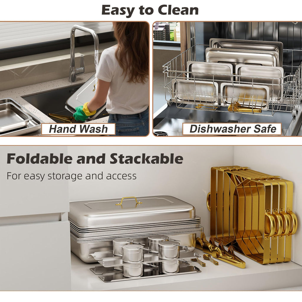 4 Pack Stainless Steel Chafing Dishes for Buffet, 9 QT Capacity 7 Pans Food Warmers for Parties, Weddings, Events Hosting, Family Gatherings, Full Set Catering Server with Serving Utensils Accessories