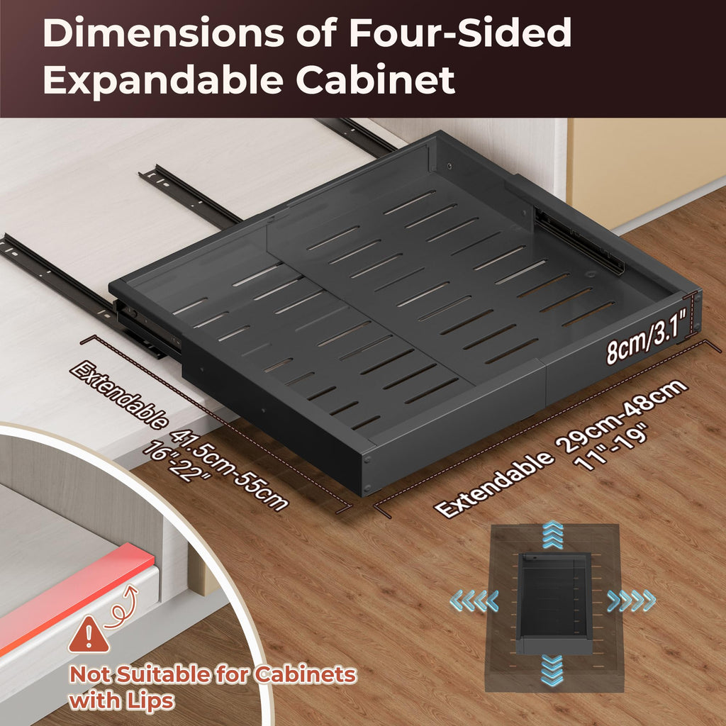 1 Pack Pull Out Drawers for Cabinets, Slide Out Drawer Expandable Width (12"-19") and Depth (17"-23") With 3 Slides, Fixed with Adhesive Film & Nail for Cabinets in Kitchen, Pantry or Bathroom - Black