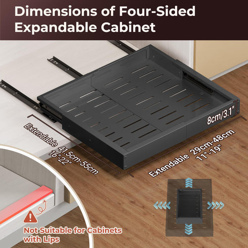 1 Pack Pull Out Drawers for Cabinets, Slide Out Drawer Expandable Width (12"-19") and Depth (17"-23") With 3 Slides, Fixed with Adhesive Film & Nail for Cabinets in Kitchen, Pantry or Bathroom - Black