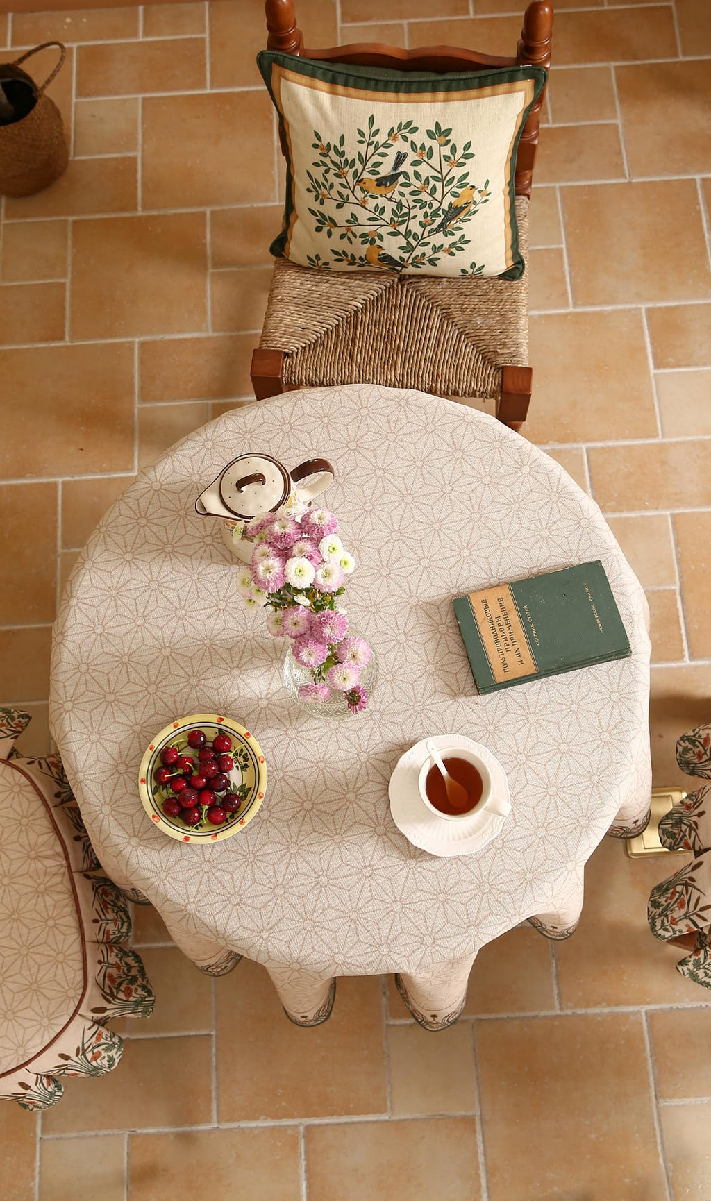 patdrea Vintage French Linen Tablecloth,Round,Diameter 55"-Cudillero
