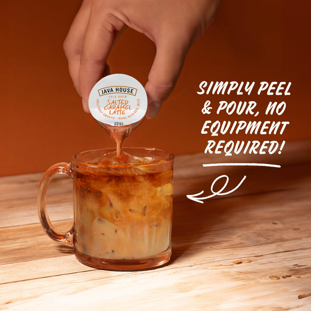 JAVA HOUSE Salted Caramel Latte Cold Brew Coffee Capsules, 1.35 Fluid Ounces (12 Count) Peel and Pour, TSA Approved, Travel Friendly Cold Brew, Hot or Iced